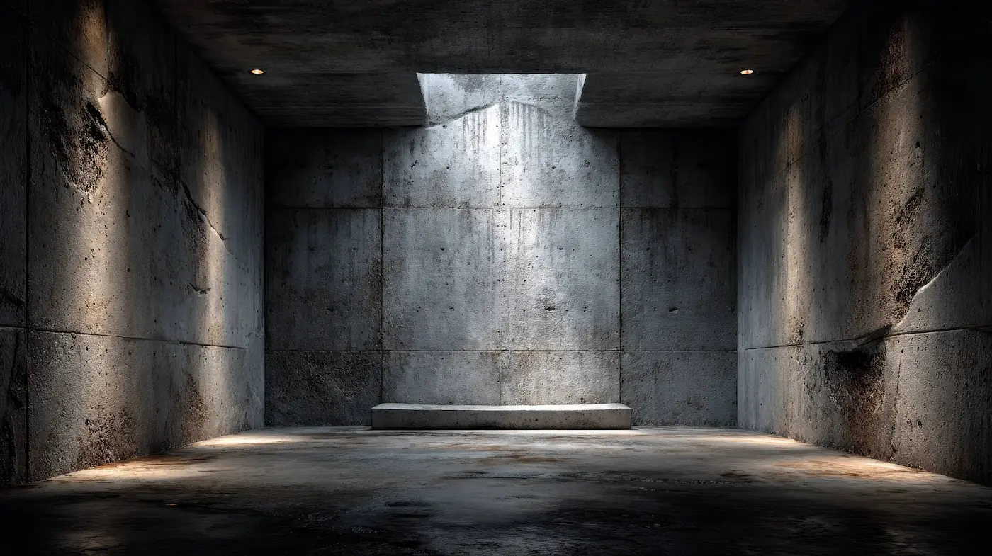 Monumental concrete interior with single light source, symbolizing clarity and focus in UAE regulatory transformation