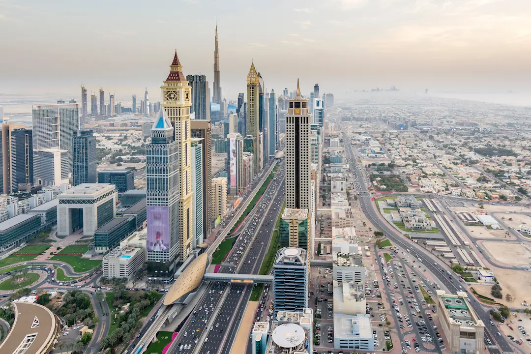 Dubai International Financial Centre skyline at dawn